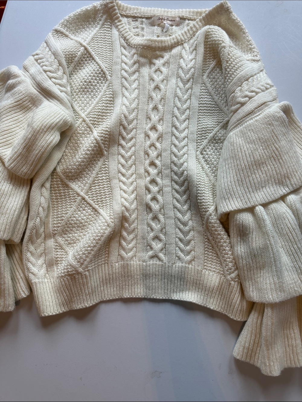 Ruffled Cable Knit Crewneck Sweater - Cream
